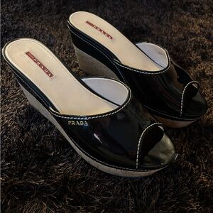 Prada Black Patent Leather Wedges